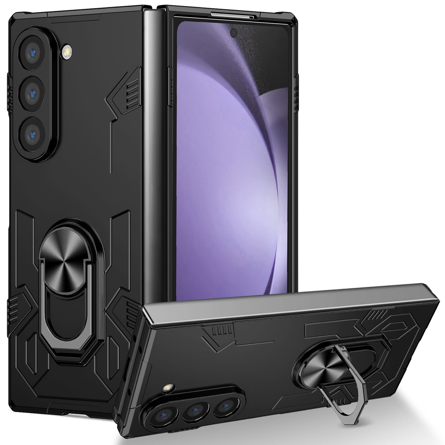For Samsung Galaxy Z Fold6 5G Case PC Hard Phone Cover with Ring Holder Kickstand - Black