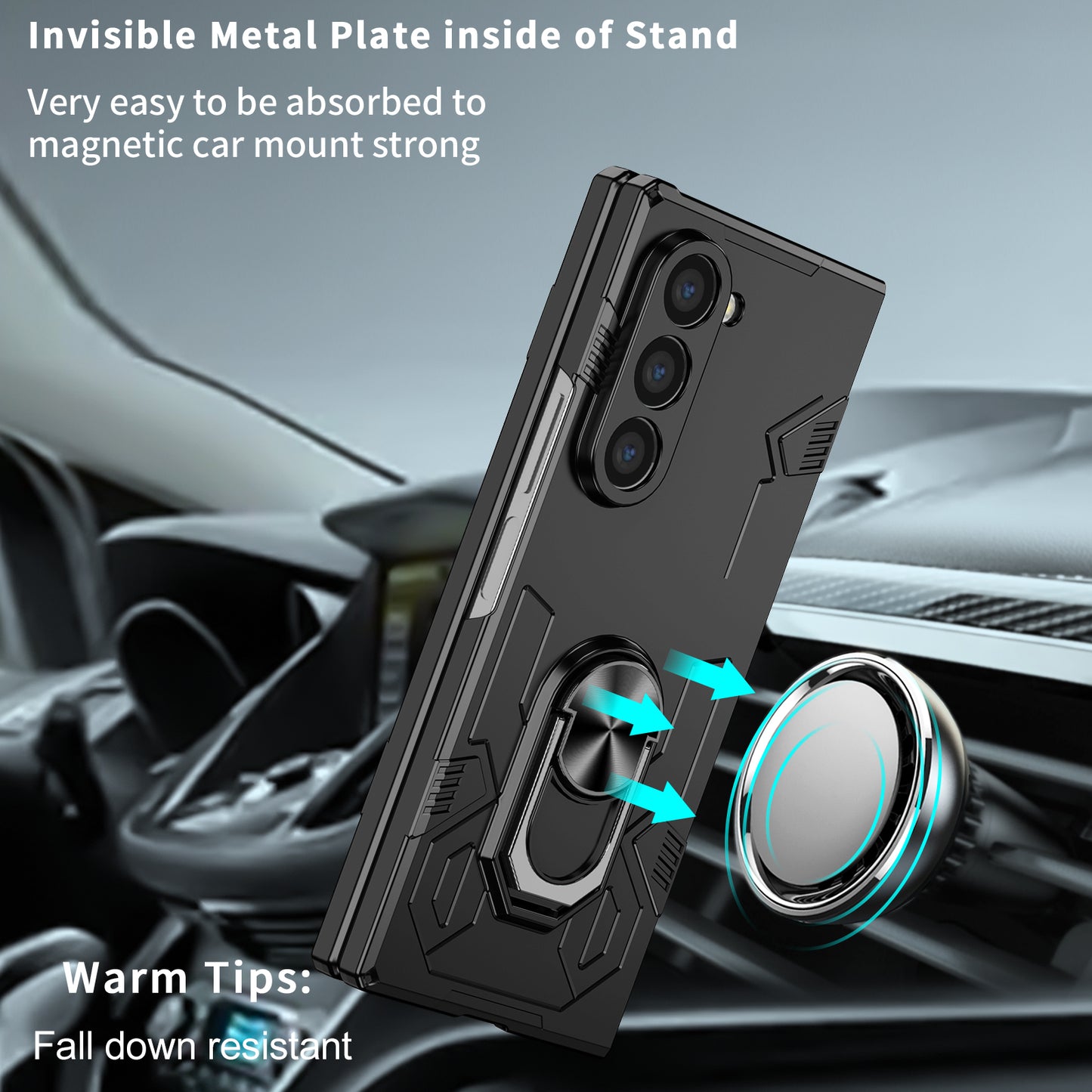 For Samsung Galaxy Z Fold6 5G Case PC Hard Phone Cover with Ring Holder Kickstand - Black