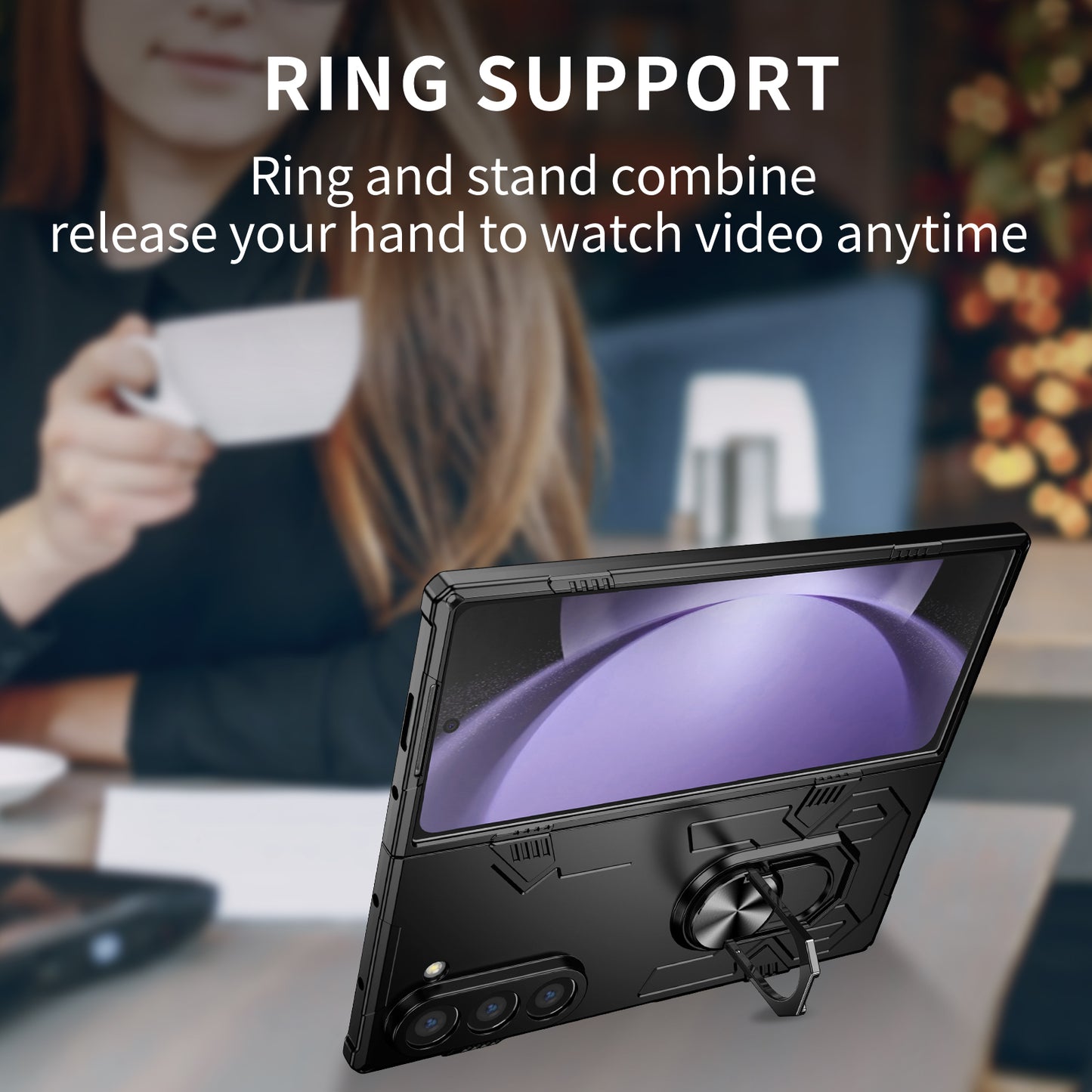 For Samsung Galaxy Z Fold6 5G Case PC Hard Phone Cover with Ring Holder Kickstand - Black