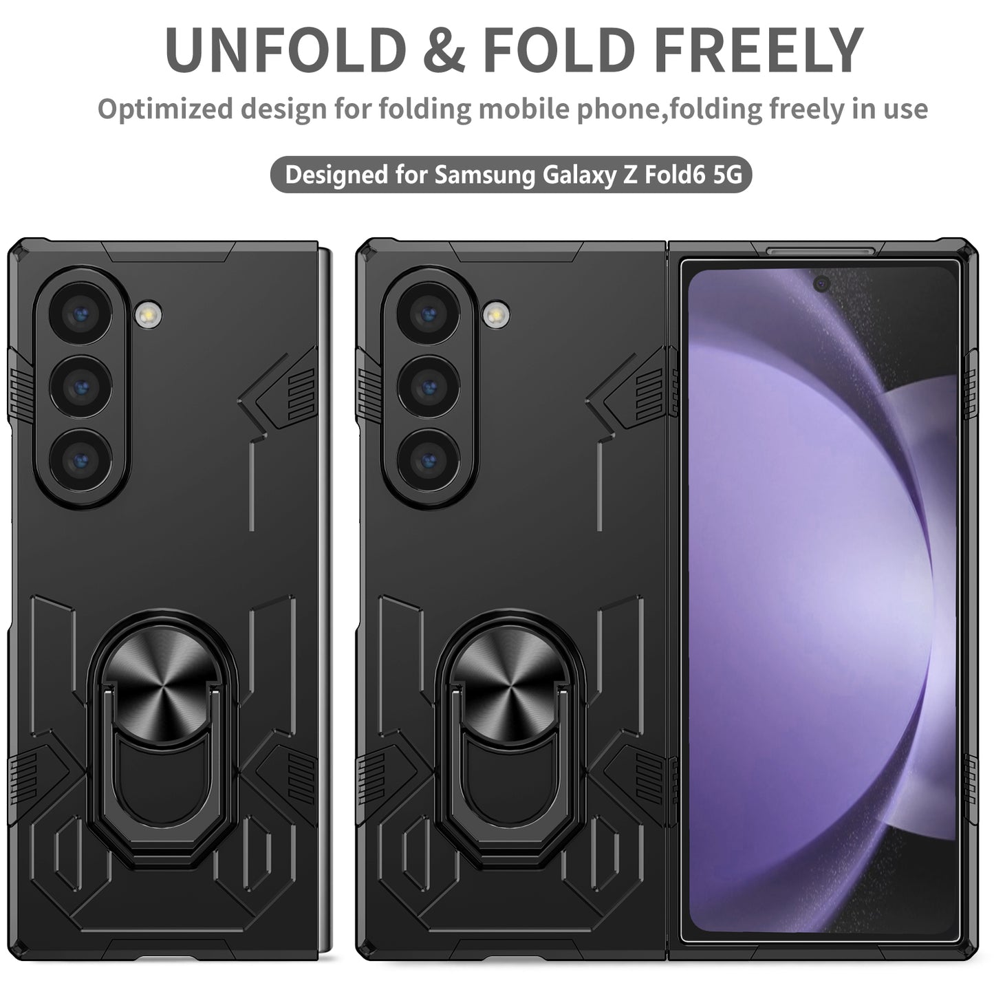 For Samsung Galaxy Z Fold6 5G Case PC Hard Phone Cover with Ring Holder Kickstand - Black