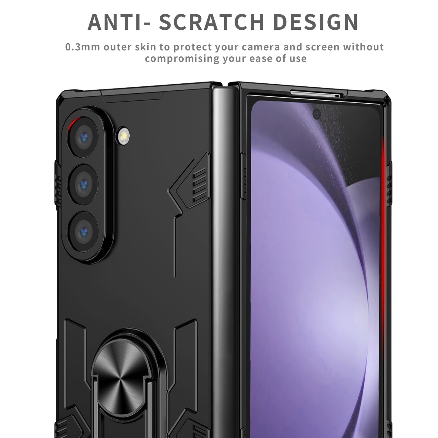 For Samsung Galaxy Z Fold6 5G Case PC Hard Phone Cover with Ring Holder Kickstand - Black