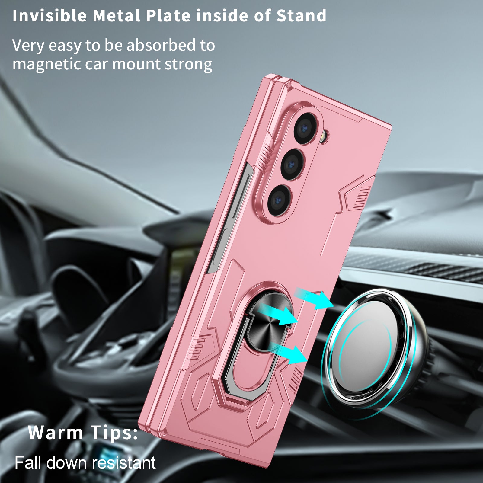 For Samsung Galaxy Z Fold6 5G Case PC Hard Phone Cover with Ring Holder Kickstand - Pink