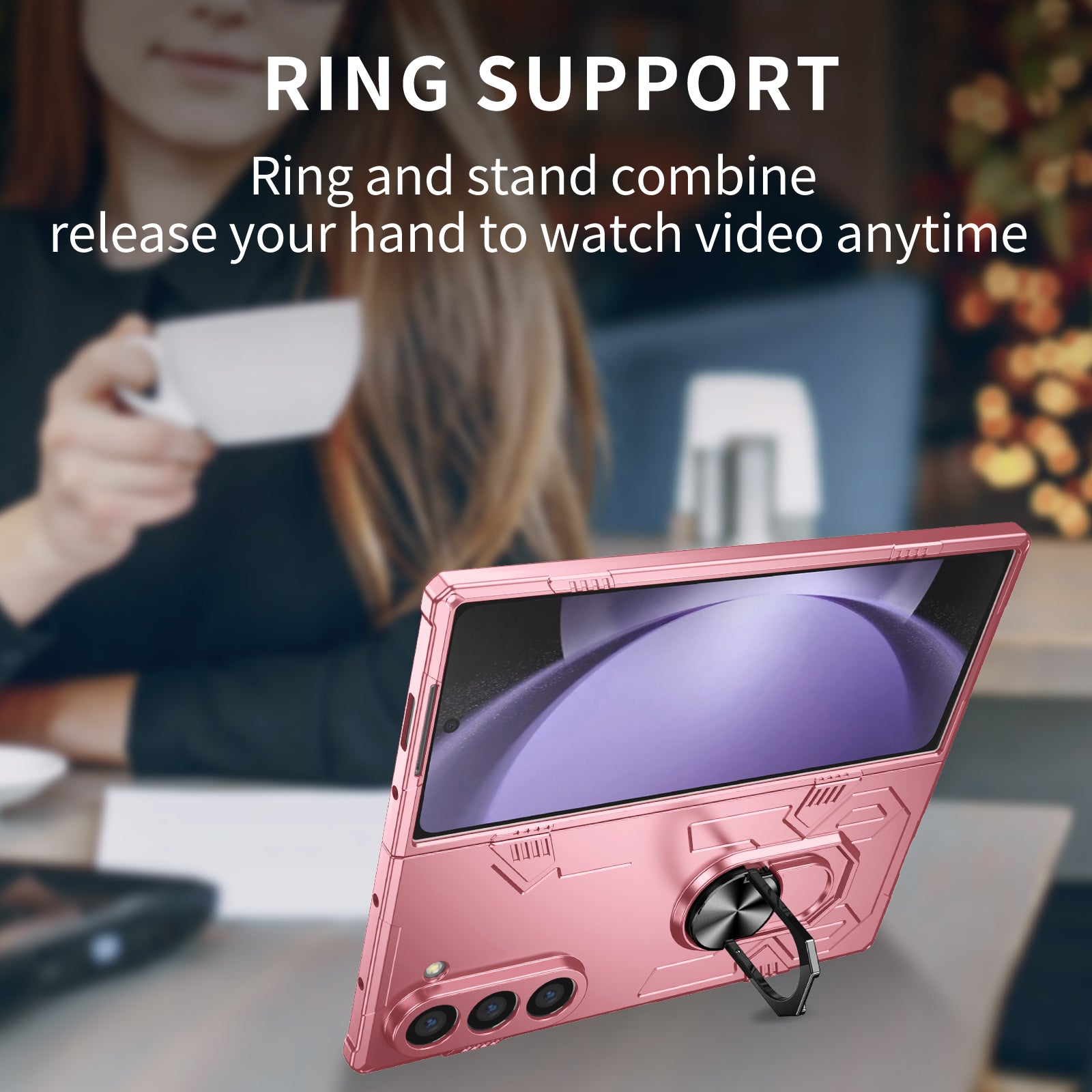 For Samsung Galaxy Z Fold6 5G Case PC Hard Phone Cover with Ring Holder Kickstand - Pink