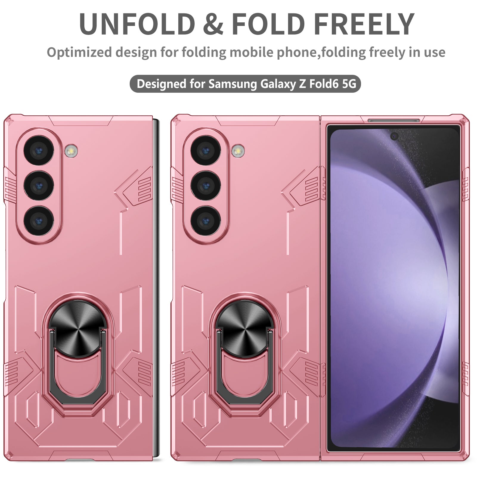 For Samsung Galaxy Z Fold6 5G Case PC Hard Phone Cover with Ring Holder Kickstand - Pink