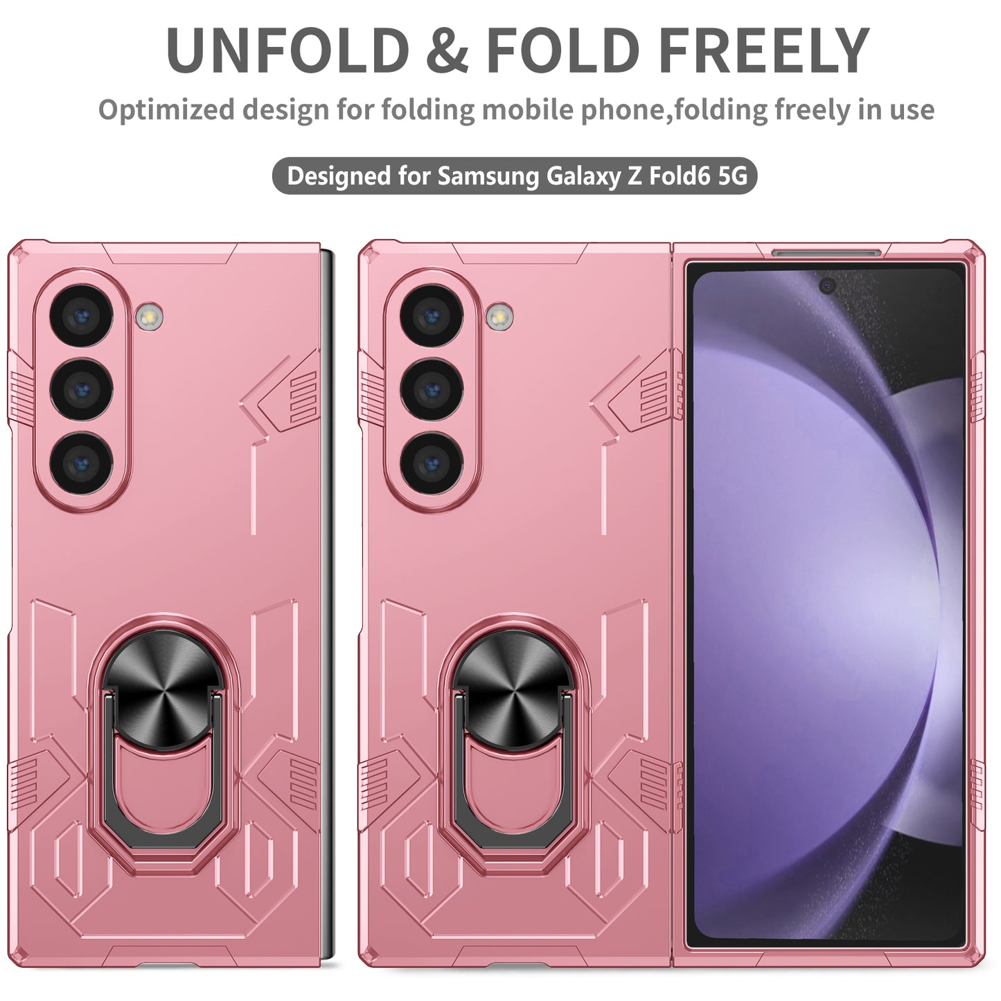 For Samsung Galaxy Z Fold6 5G Case PC Hard Phone Cover with Ring Holder Kickstand - Pink