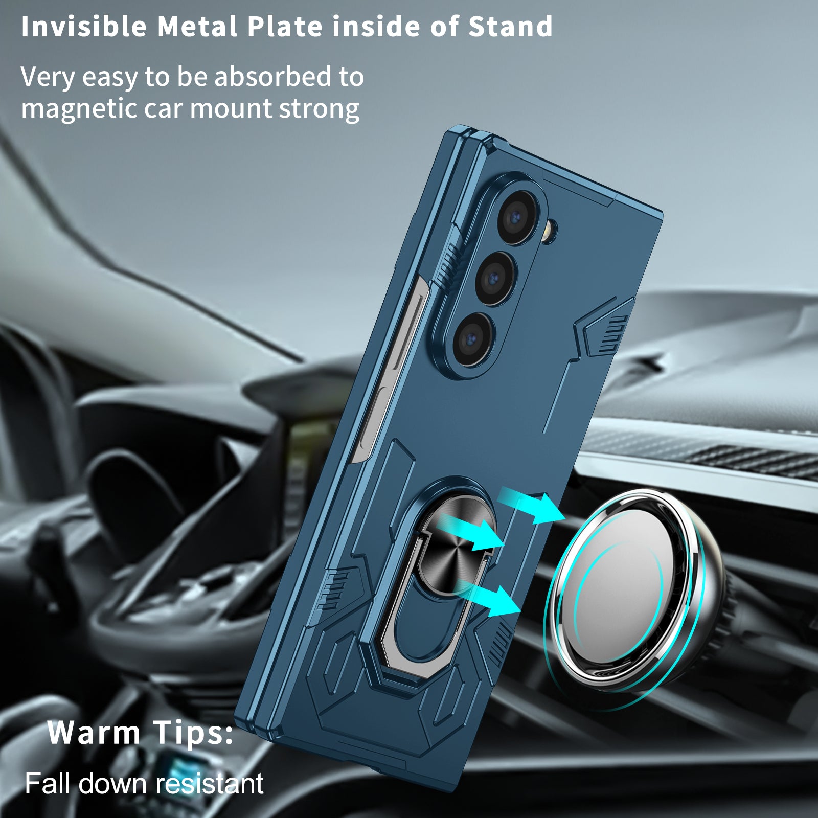 For Samsung Galaxy Z Fold6 5G Case PC Hard Phone Cover with Ring Holder Kickstand - Sapphire