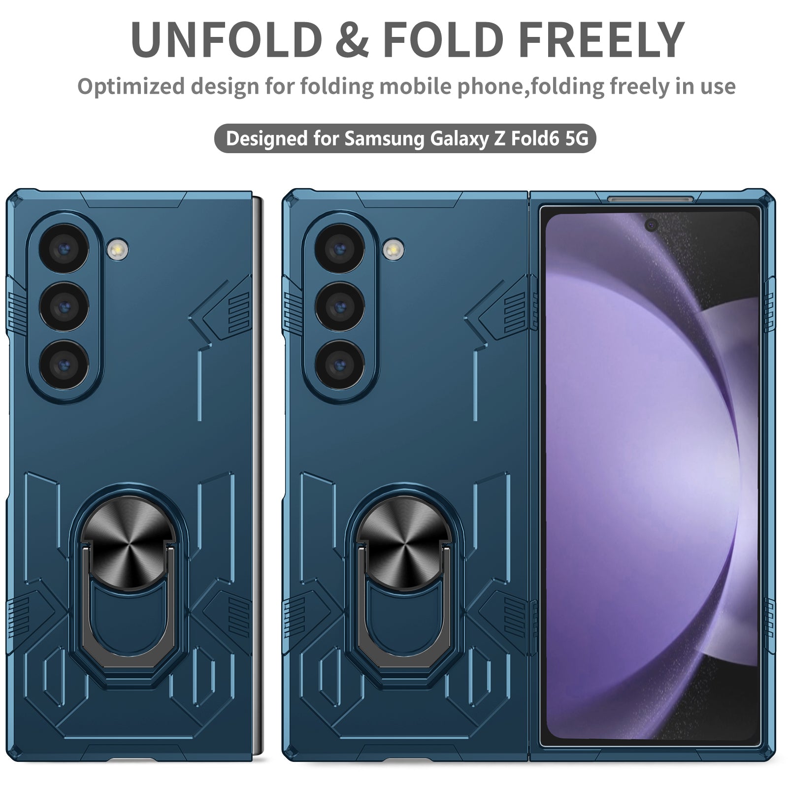 For Samsung Galaxy Z Fold6 5G Case PC Hard Phone Cover with Ring Holder Kickstand - Sapphire