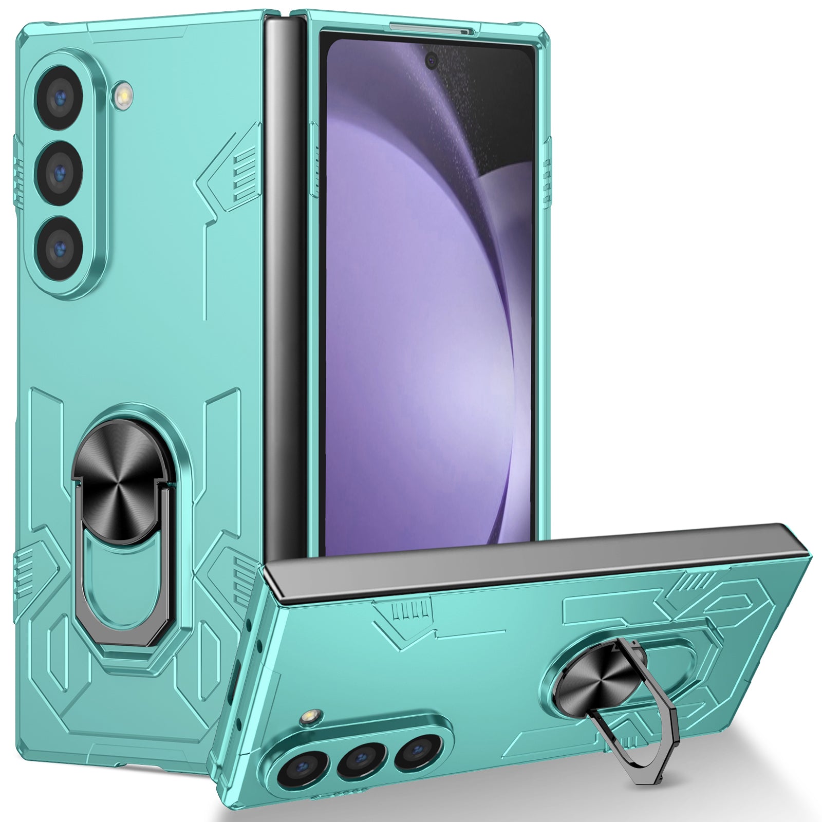For Samsung Galaxy Z Fold6 5G Case PC Hard Phone Cover with Ring Holder Kickstand - Baby Blue