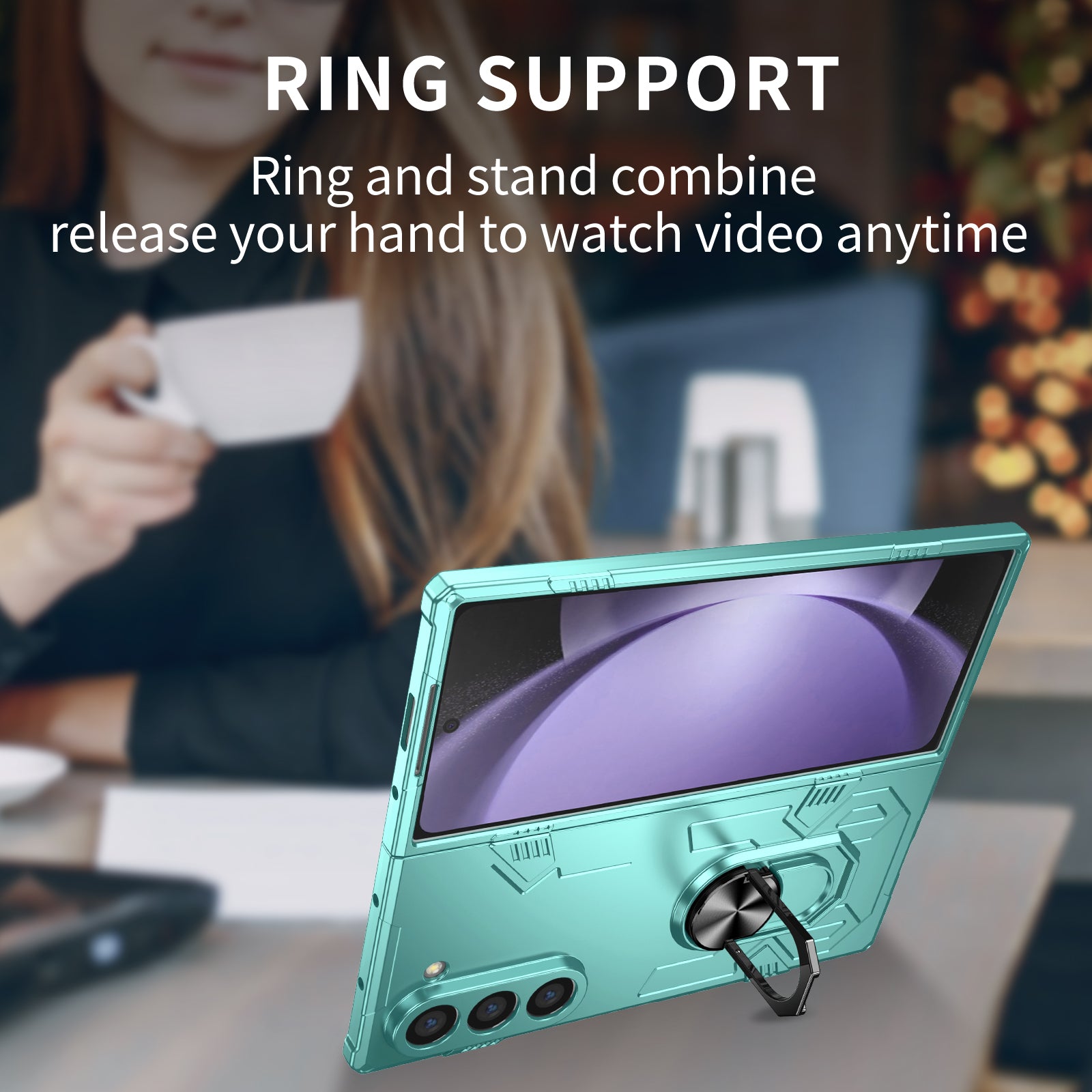 For Samsung Galaxy Z Fold6 5G Case PC Hard Phone Cover with Ring Holder Kickstand - Baby Blue