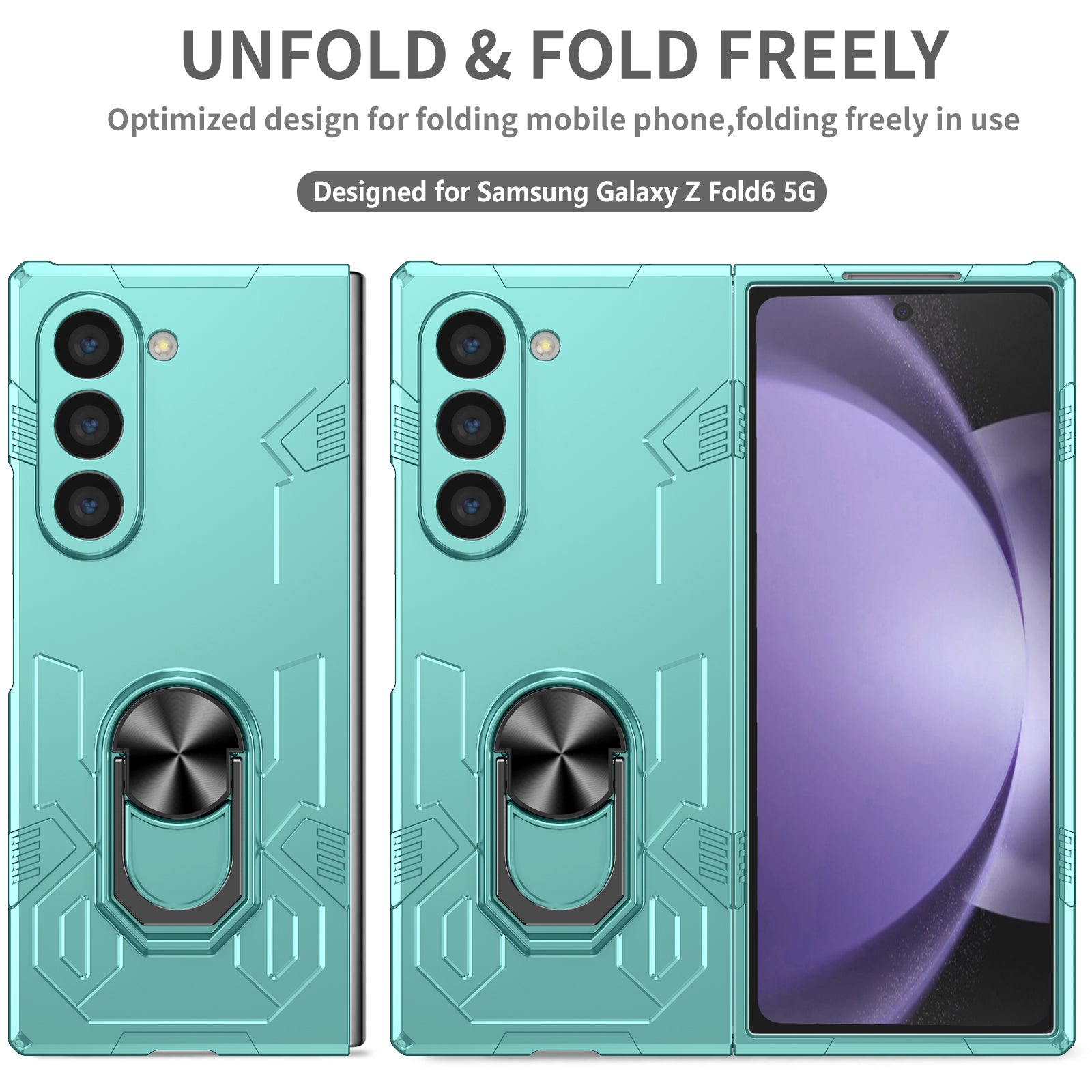For Samsung Galaxy Z Fold6 5G Case PC Hard Phone Cover with Ring Holder Kickstand - Baby Blue