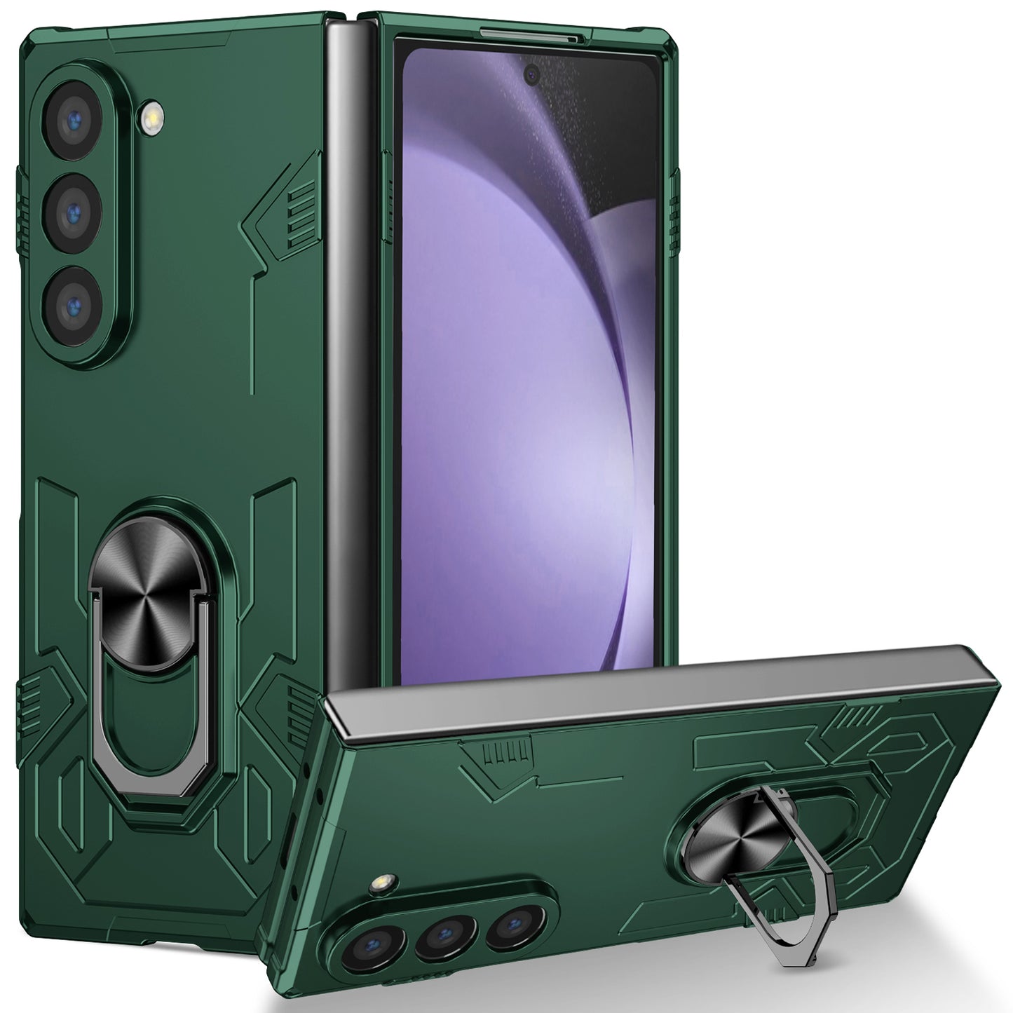 For Samsung Galaxy Z Fold6 5G Case PC Hard Phone Cover with Ring Holder Kickstand - Green