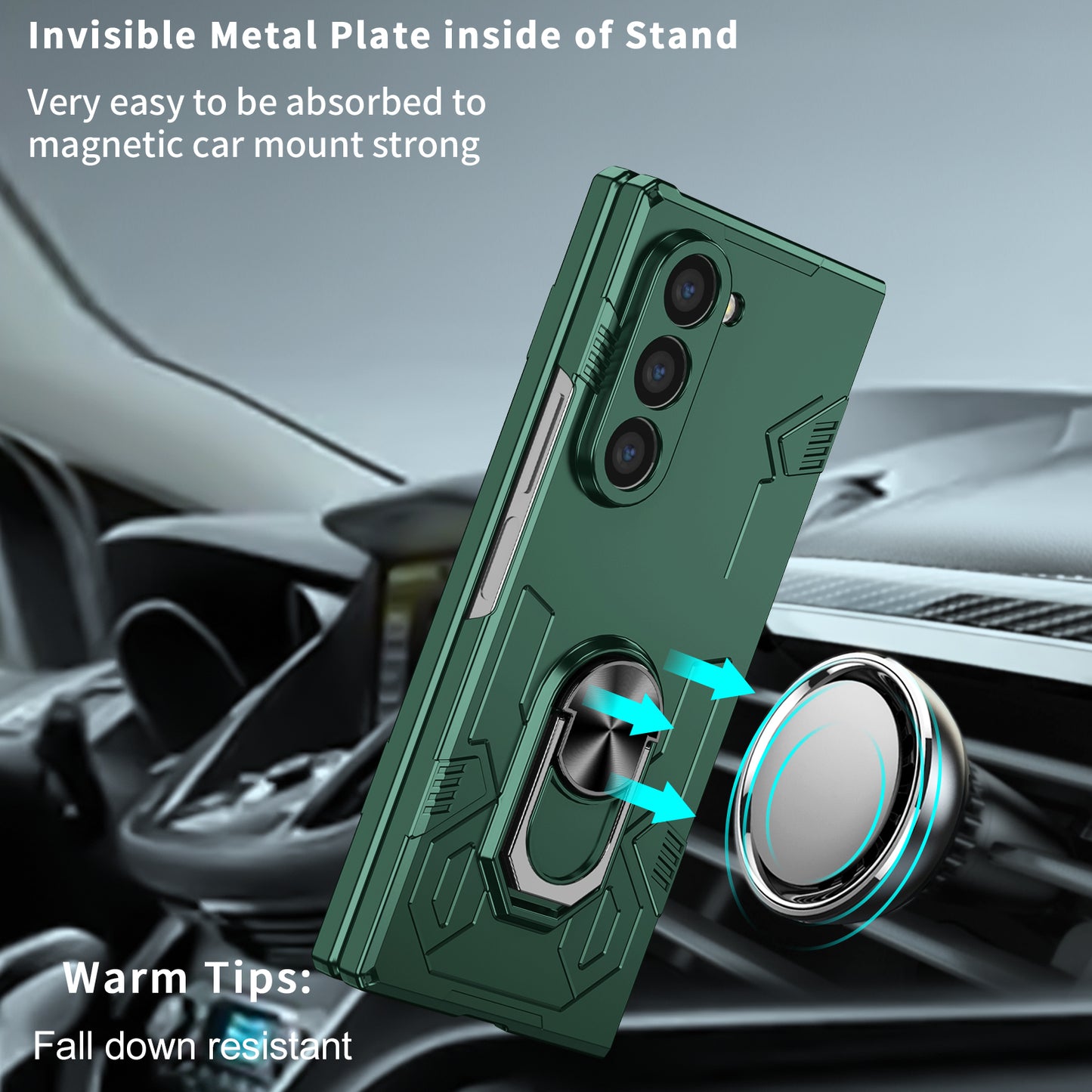 For Samsung Galaxy Z Fold6 5G Case PC Hard Phone Cover with Ring Holder Kickstand - Green