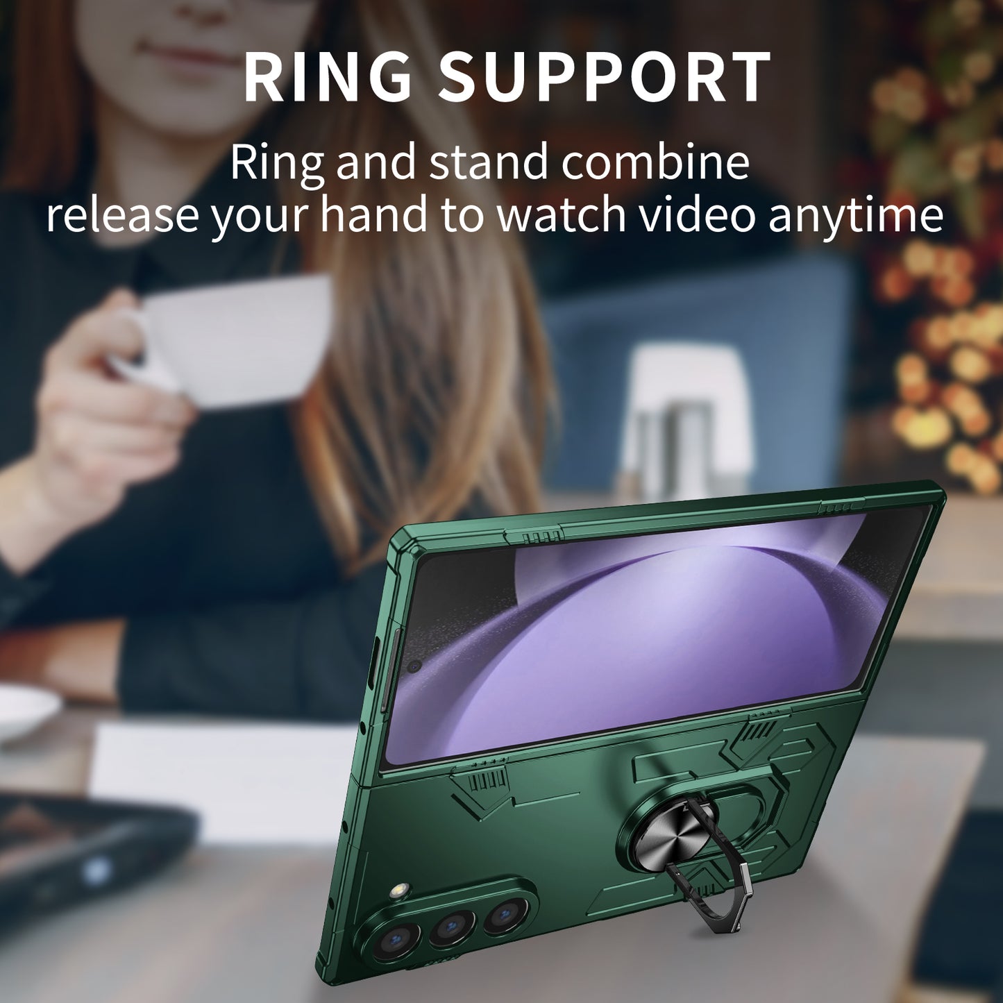 For Samsung Galaxy Z Fold6 5G Case PC Hard Phone Cover with Ring Holder Kickstand - Green