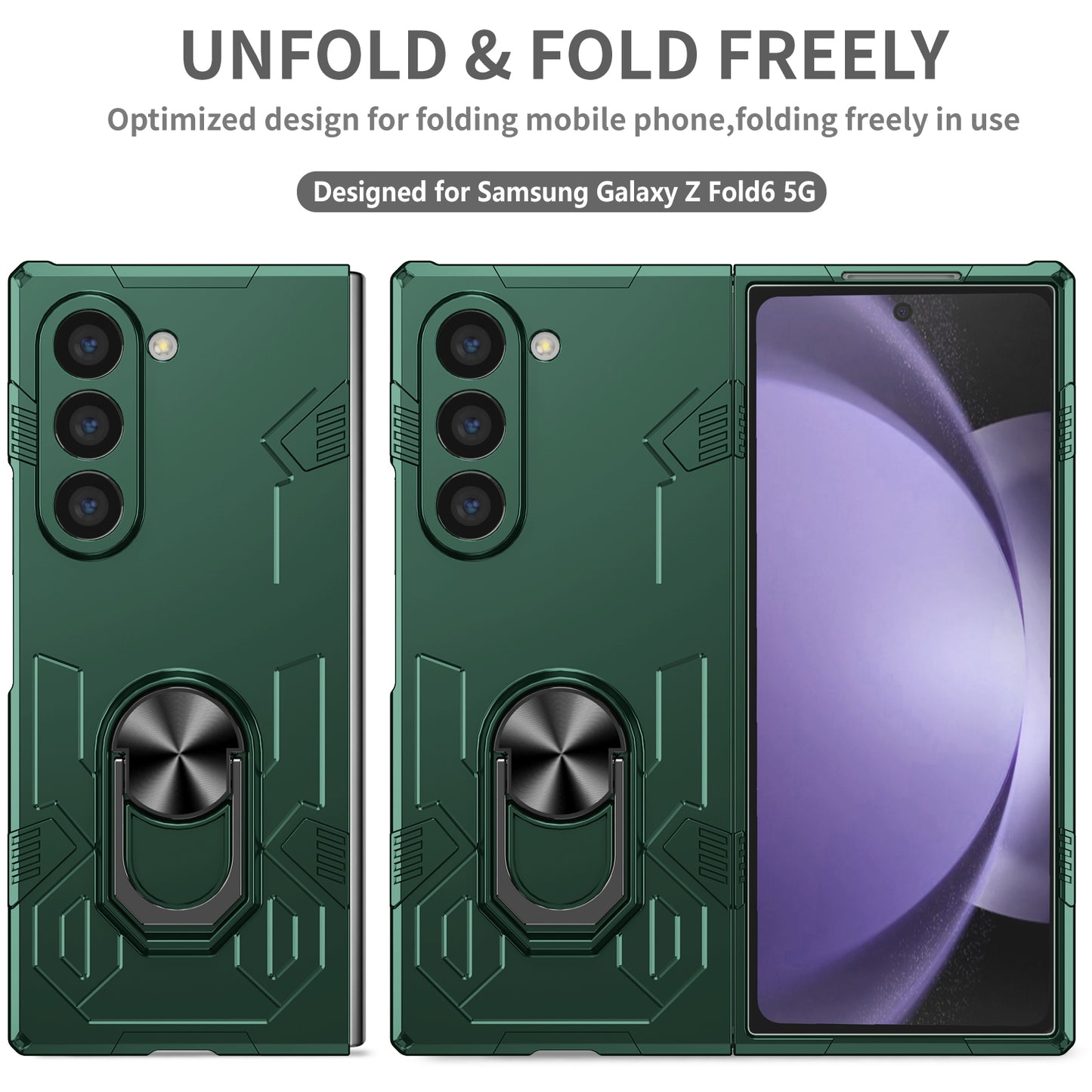 For Samsung Galaxy Z Fold6 5G Case PC Hard Phone Cover with Ring Holder Kickstand - Green