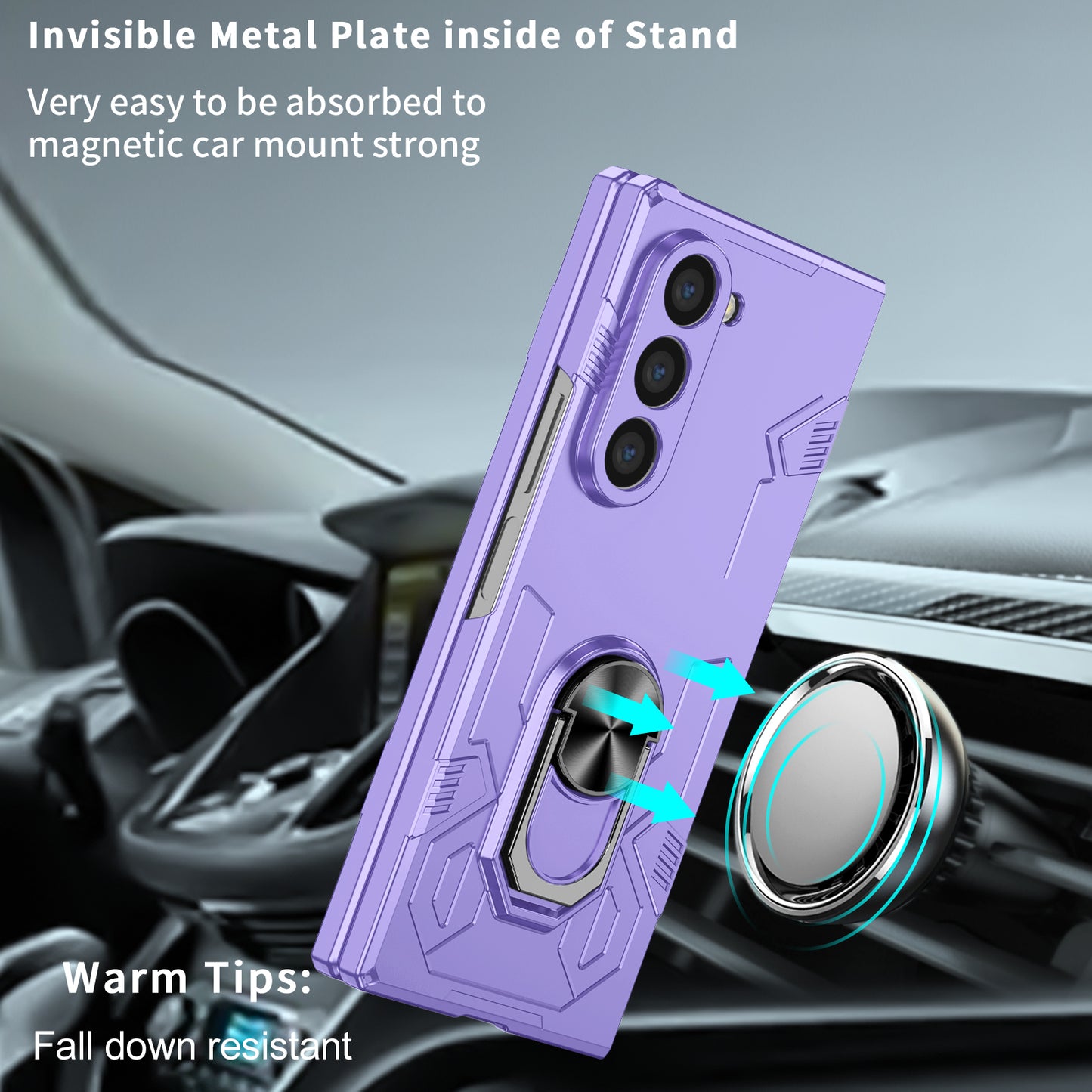 For Samsung Galaxy Z Fold6 5G Case PC Hard Phone Cover with Ring Holder Kickstand - Purple
