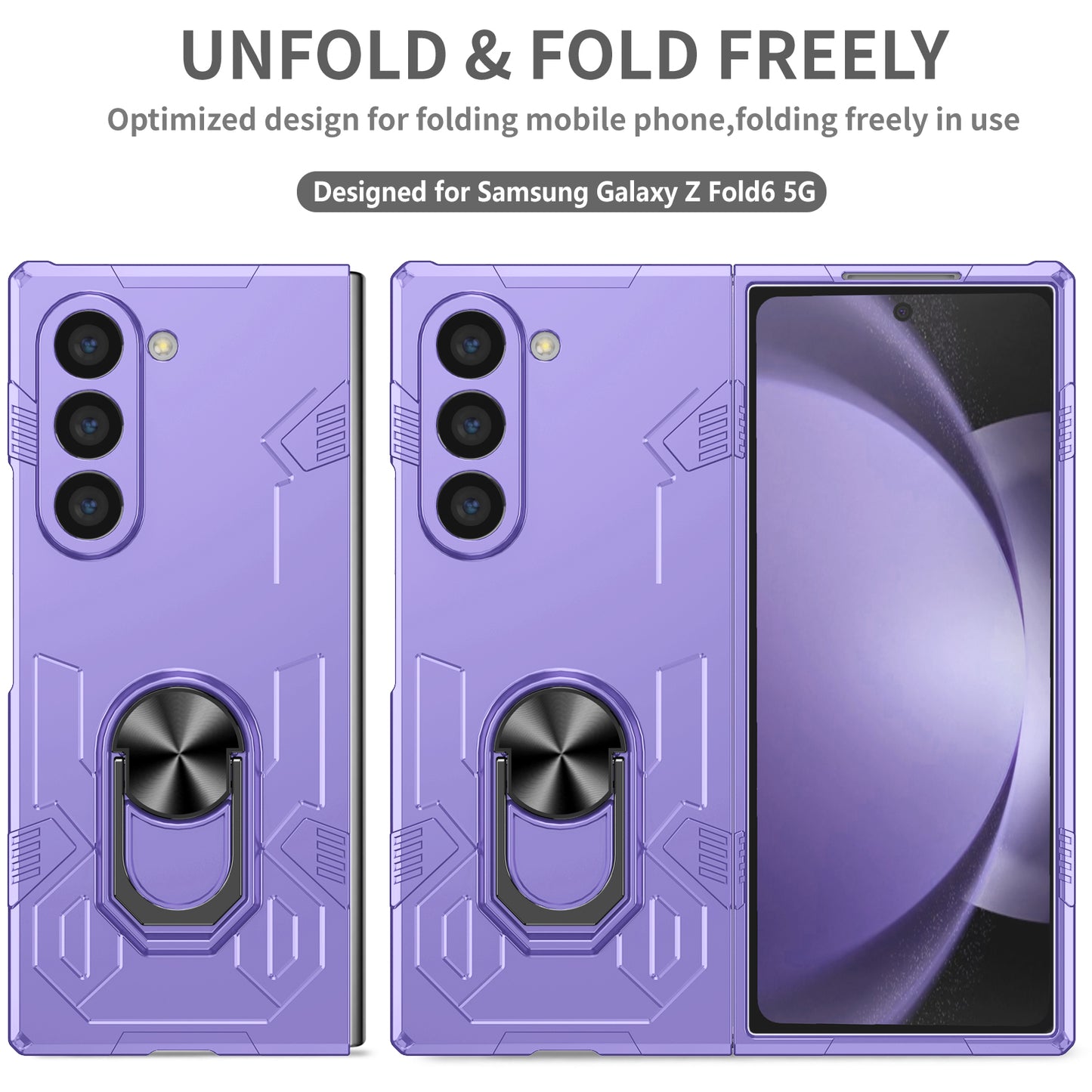 For Samsung Galaxy Z Fold6 5G Case PC Hard Phone Cover with Ring Holder Kickstand - Purple