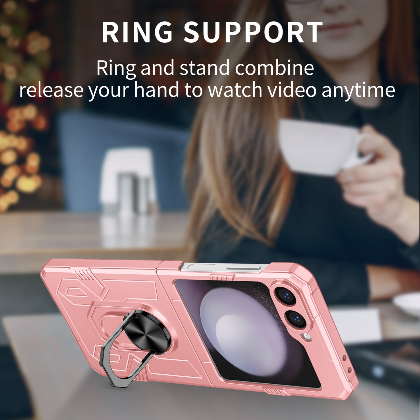 For Samsung Galaxy Z Flip6 5G Case Ring Kickstand Hard PC Shockproof Phone Cover - Pink