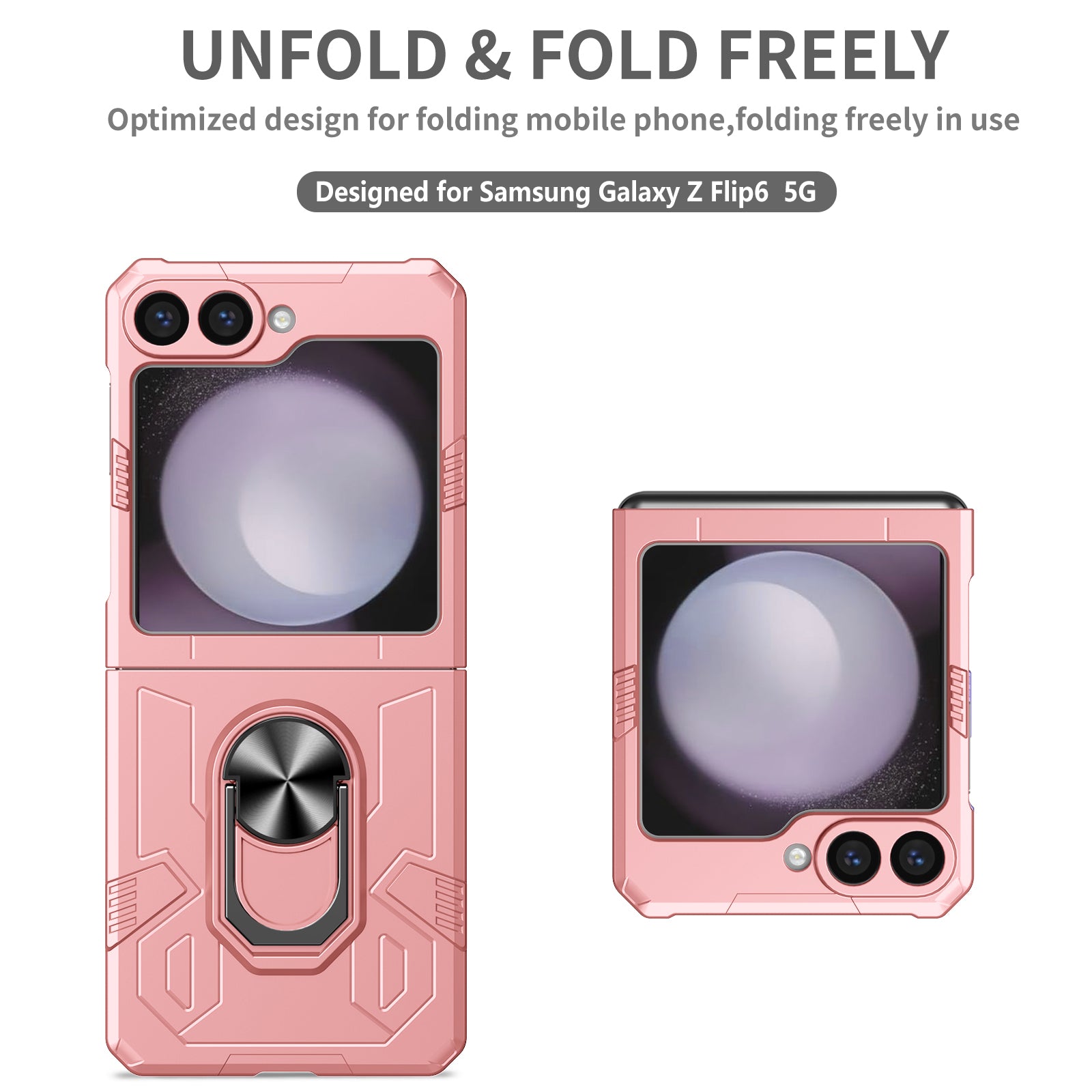 For Samsung Galaxy Z Flip6 5G Case Ring Kickstand Hard PC Shockproof Phone Cover - Pink