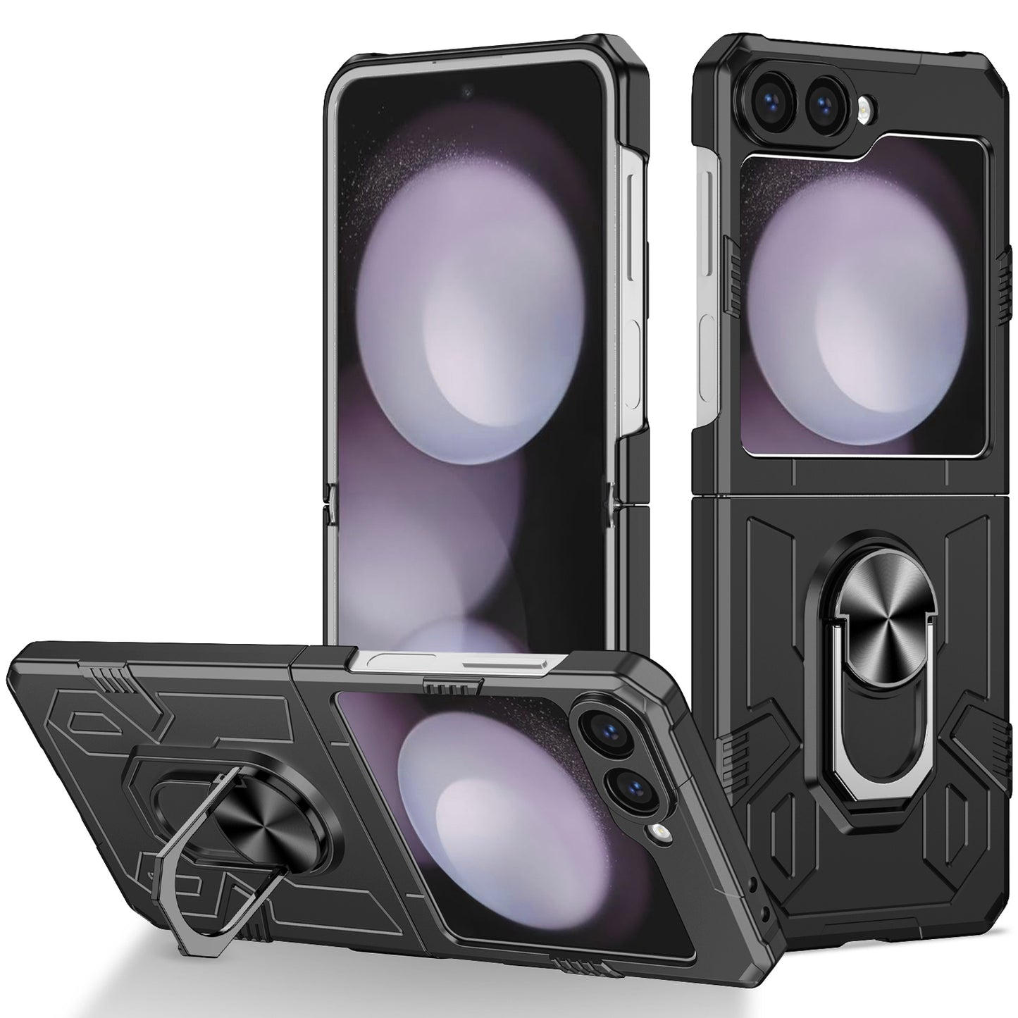 For Samsung Galaxy Z Flip6 5G Case Ring Kickstand Hard PC Shockproof Phone Cover - Black