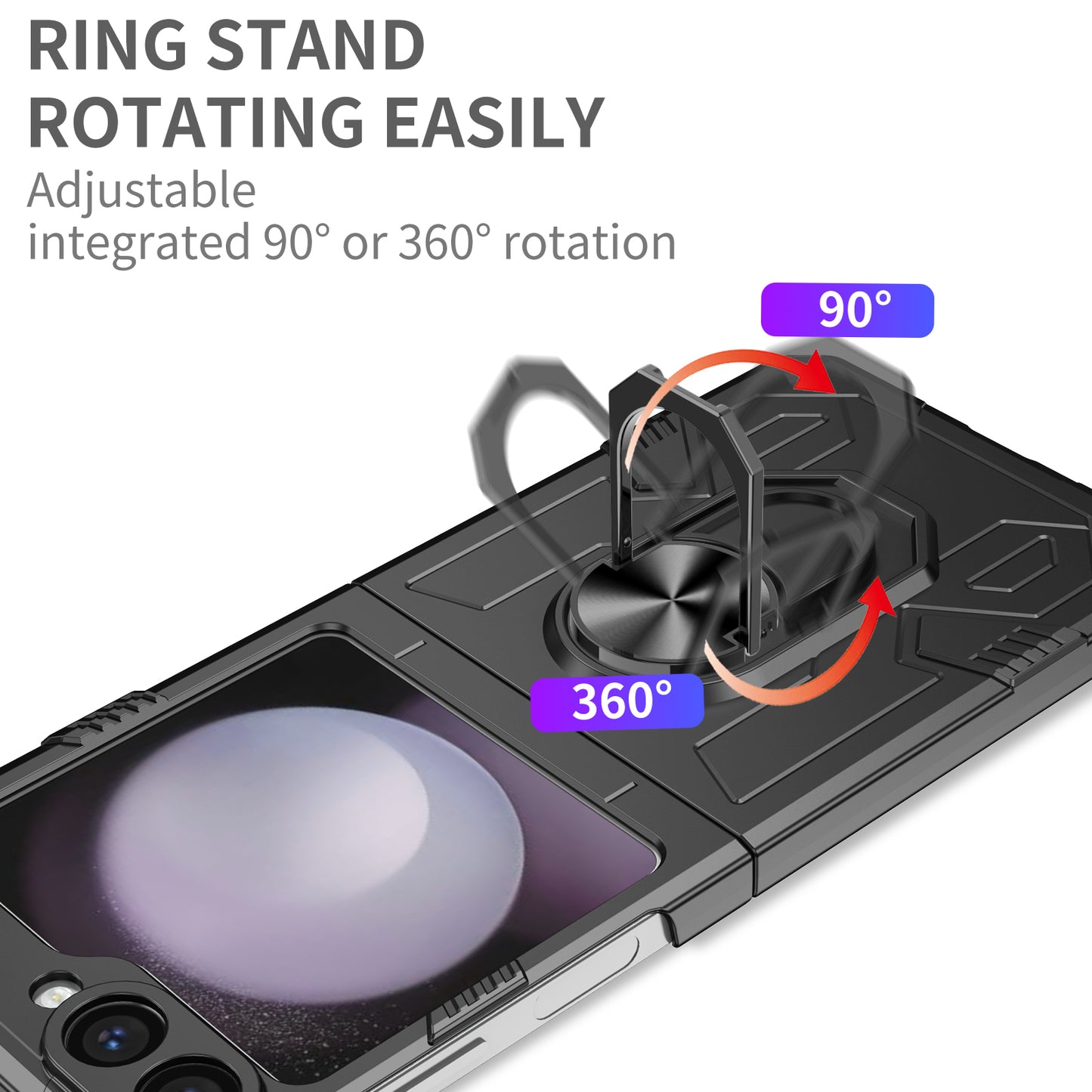 For Samsung Galaxy Z Flip6 5G Case Ring Kickstand Hard PC Shockproof Phone Cover - Black