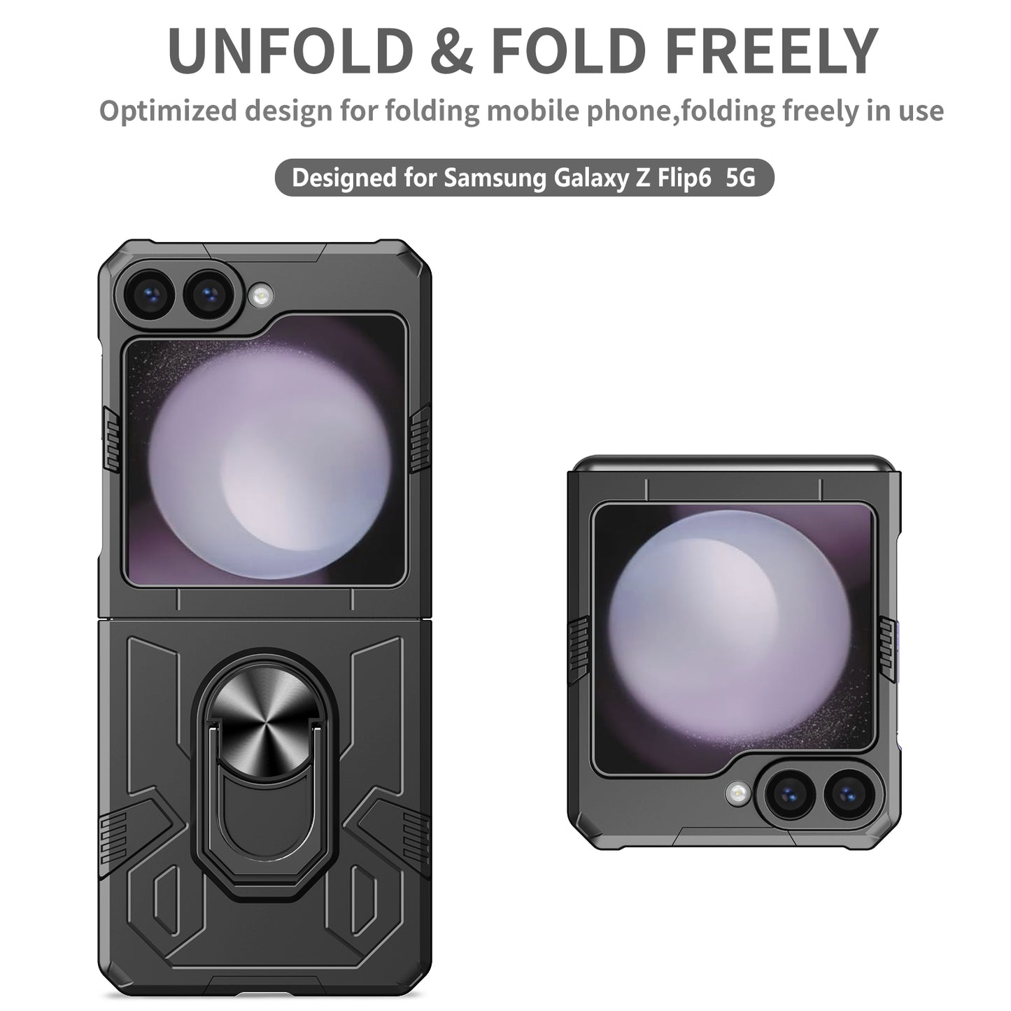 For Samsung Galaxy Z Flip6 5G Case Ring Kickstand Hard PC Shockproof Phone Cover - Black