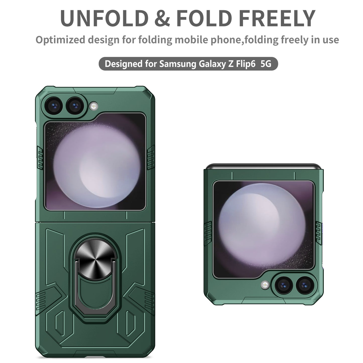 For Samsung Galaxy Z Flip6 5G Case Ring Kickstand Hard PC Shockproof Phone Cover - Green