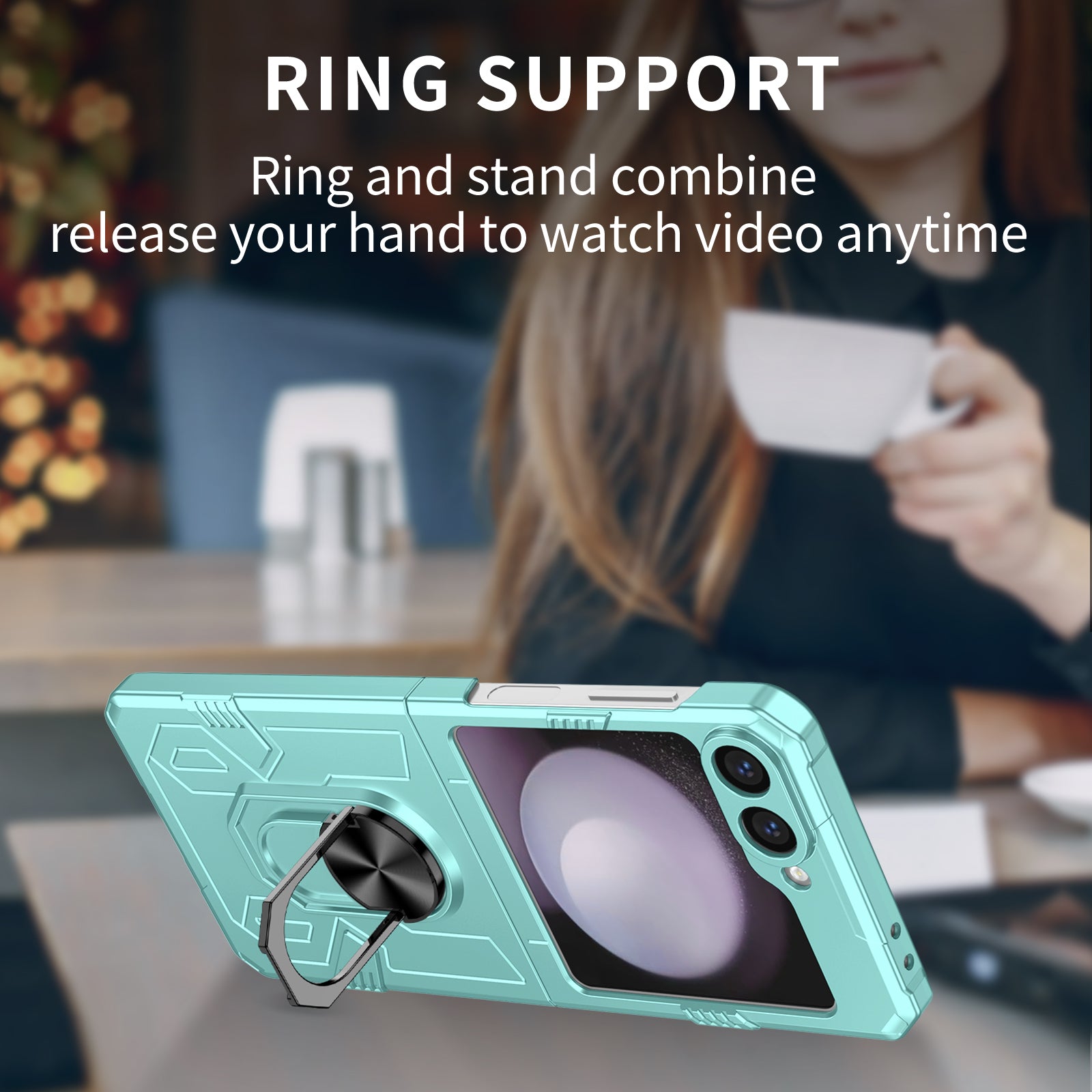 For Samsung Galaxy Z Flip6 5G Case Ring Kickstand Hard PC Shockproof Phone Cover - Baby Blue