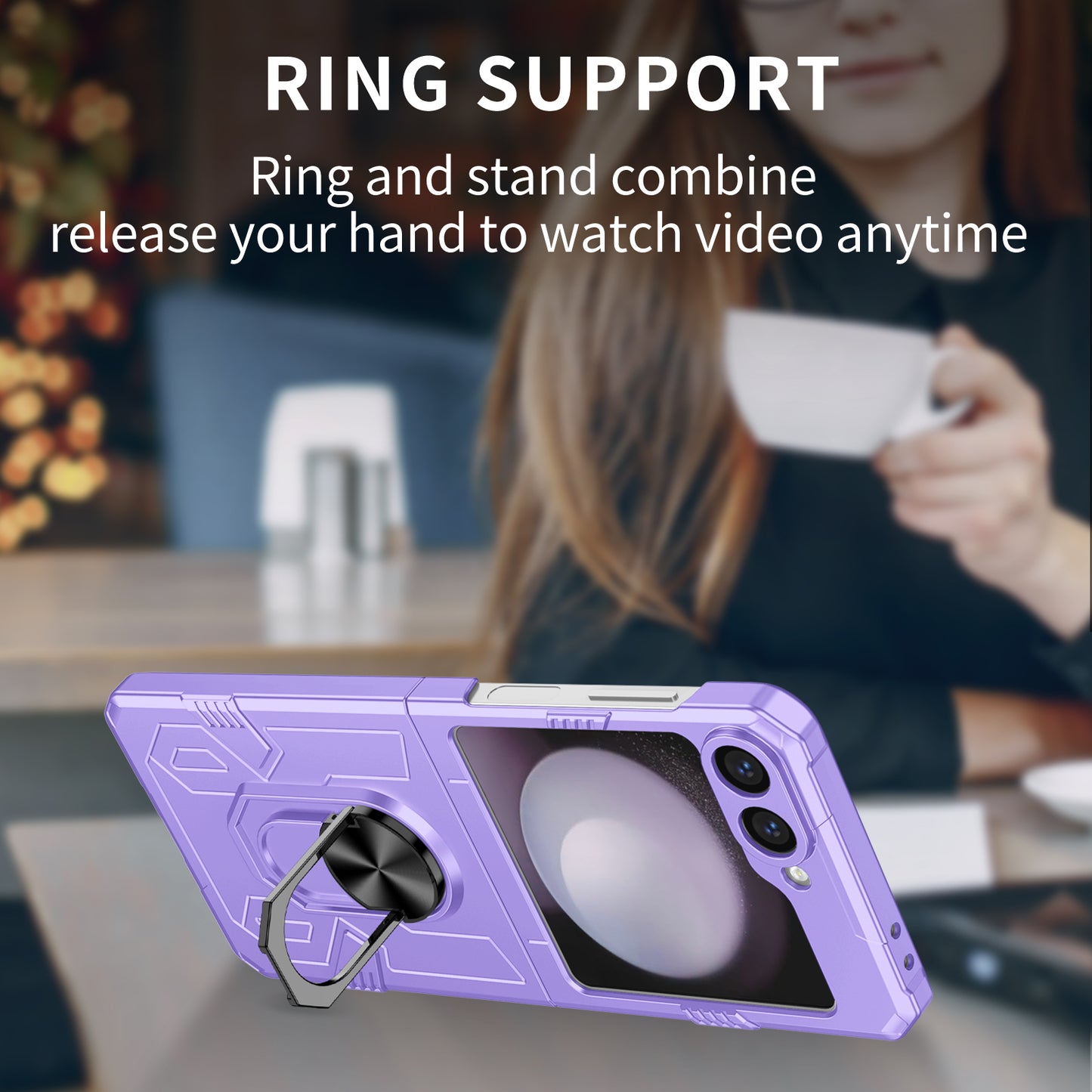 For Samsung Galaxy Z Flip6 5G Case Ring Kickstand Hard PC Shockproof Phone Cover - Purple