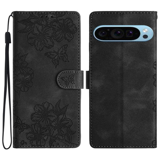For Google Pixel 9 Case Butterfly Flower Design Skin-Touch Leather Wallet Phone Cover - Black