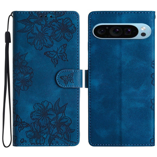 For Google Pixel 9 Case Butterfly Flower Design Skin-touch Leather Wallet Phone Cover - Blue