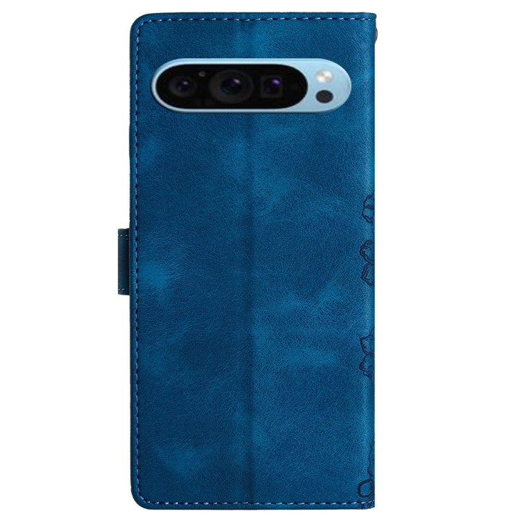 For Google Pixel 9 Case Butterfly Flower Design Skin-touch Leather Wallet Phone Cover - Blue