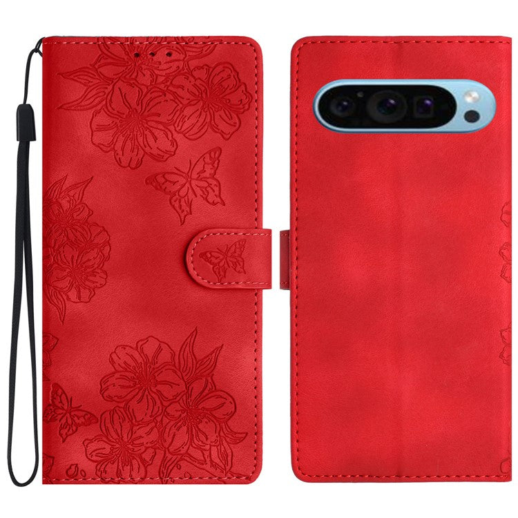 For Google Pixel 9 Case Butterfly Flower Design Skin-touch Leather Wallet Phone Cover - Red