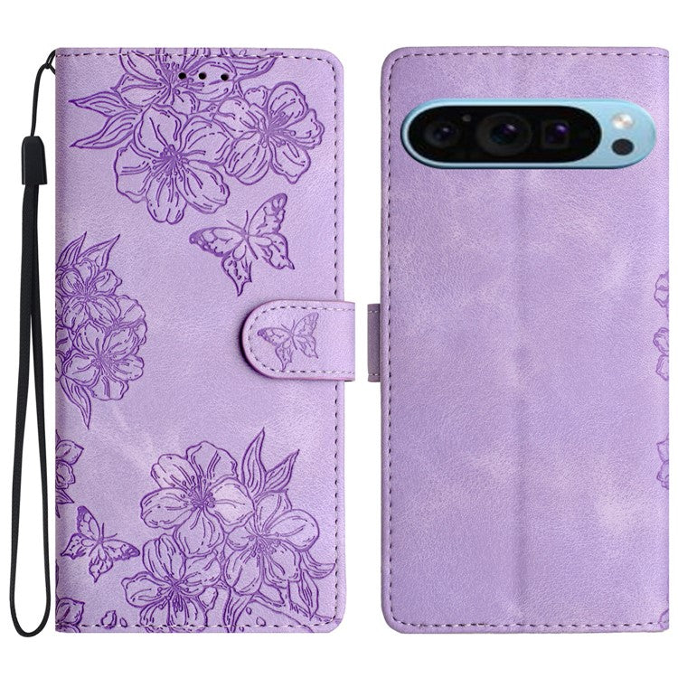 For Google Pixel 9 Case Butterfly Flower Design Skin-touch Leather Wallet Phone Cover - Purple