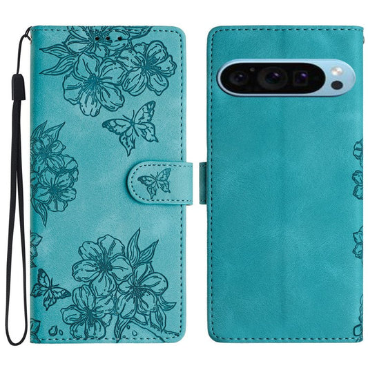 For Google Pixel 9 Case Butterfly Flower Design Skin-touch Leather Wallet Phone Cover - Green
