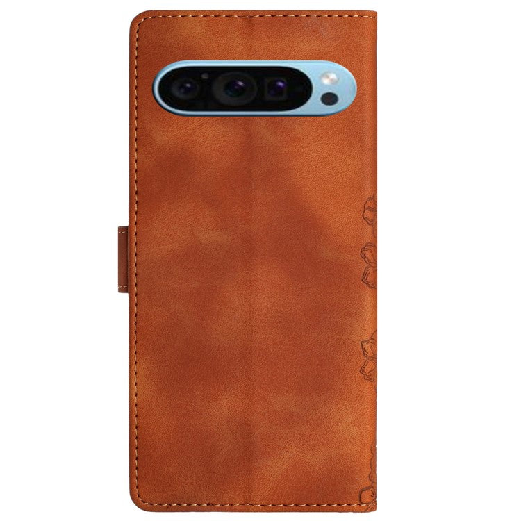 For Google Pixel 9 Case Butterfly Flower Design Skin-touch Leather Wallet Phone Cover - Brown