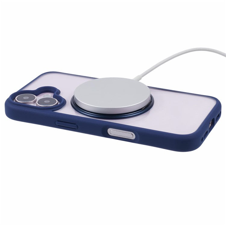 For iPhone 16 Case Built-In Kickstand PC+TPU Phone Cover Rotate Ring Holder - Blue