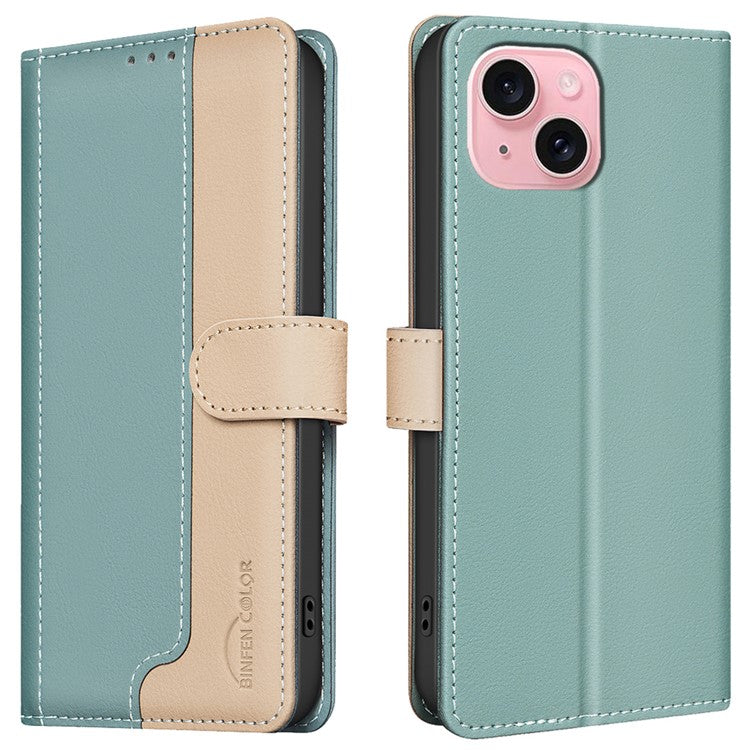 BINFEN-COLOR-BF33-For-iPhone-14-/-13-Case-Splicing-Color-PU-Leather-Protective-Phone-Cover---Green