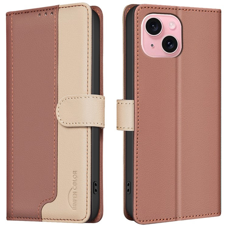 BINFEN-COLOR-BF33-For-iPhone-14-/-13-Case-Splicing-Color-PU-Leather-Protective-Phone-Cover---Brown