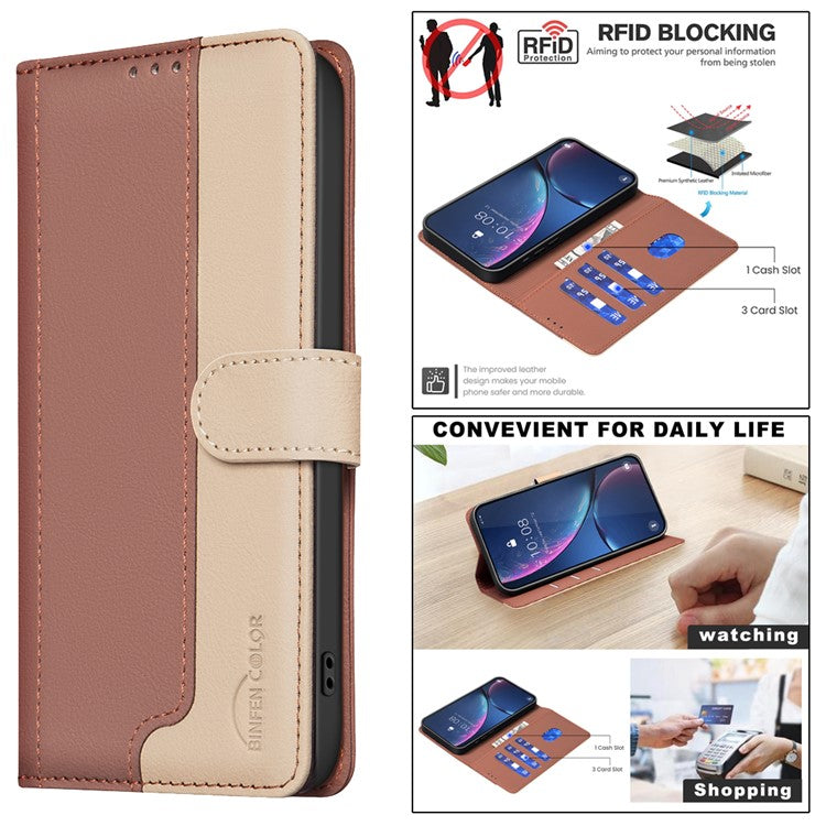 BINFEN-COLOR-BF33-For-iPhone-14-/-13-Case-Splicing-Color-PU-Leather-Protective-Phone-Cover---Brown