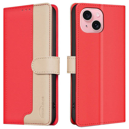 BINFEN-COLOR-BF33-For-iPhone-14-/-13-Case-Splicing-Color-PU-Leather-Protective-Phone-Cover---Red