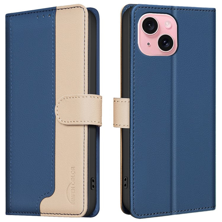 BINFEN-COLOR-BF33-For-iPhone-14-/-13-Case-Splicing-Color-PU-Leather-Protective-Phone-Cover---Blue