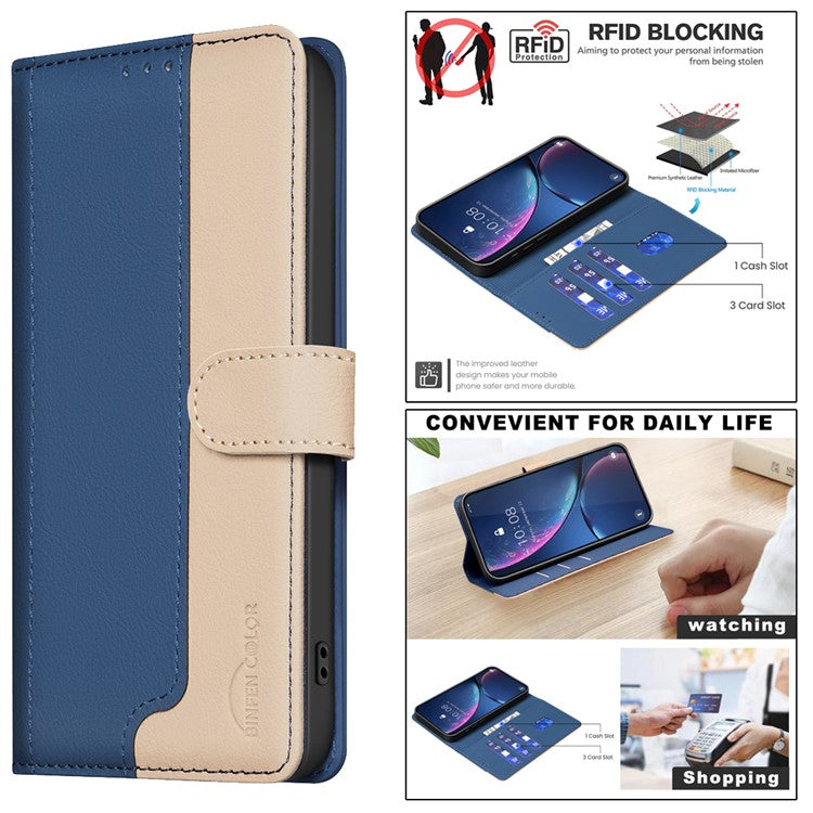 BINFEN-COLOR-BF33-For-iPhone-14-/-13-Case-Splicing-Color-PU-Leather-Protective-Phone-Cover---Blue