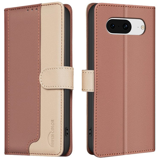 BINFEN COLOR BF33 For Google Pixel 8 Case RFID Blocking Leather Cover Splicing Color - Brown