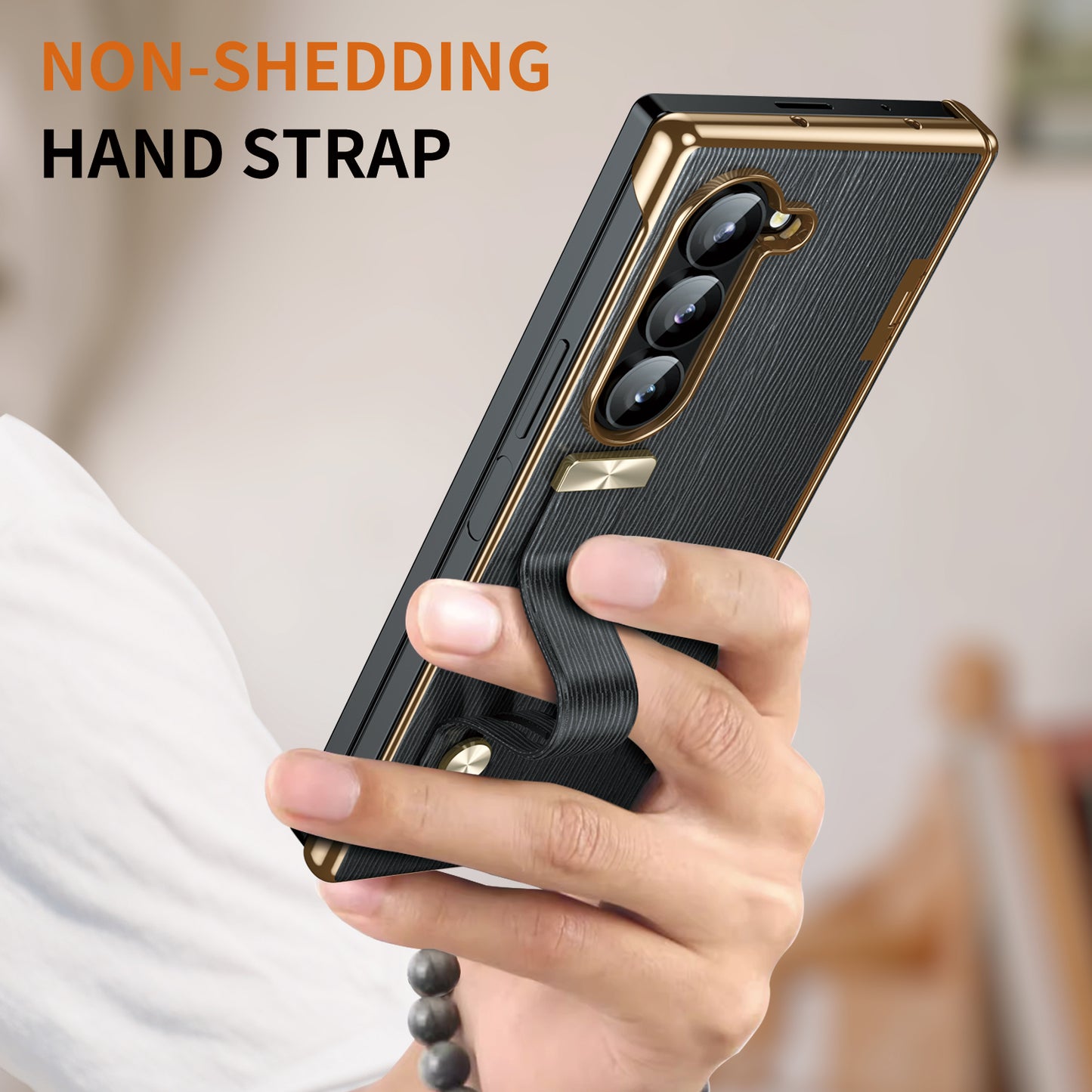 For Samsung Galaxy Z Fold6 5G Case Wrist Band Hinge Protection Leather+PC Phone Cover - Black