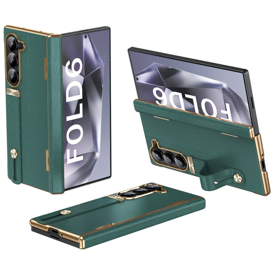 For Samsung Galaxy Z Fold6 5G Case Wrist Band Hinge Protection Leather+PC Phone Cover - Green