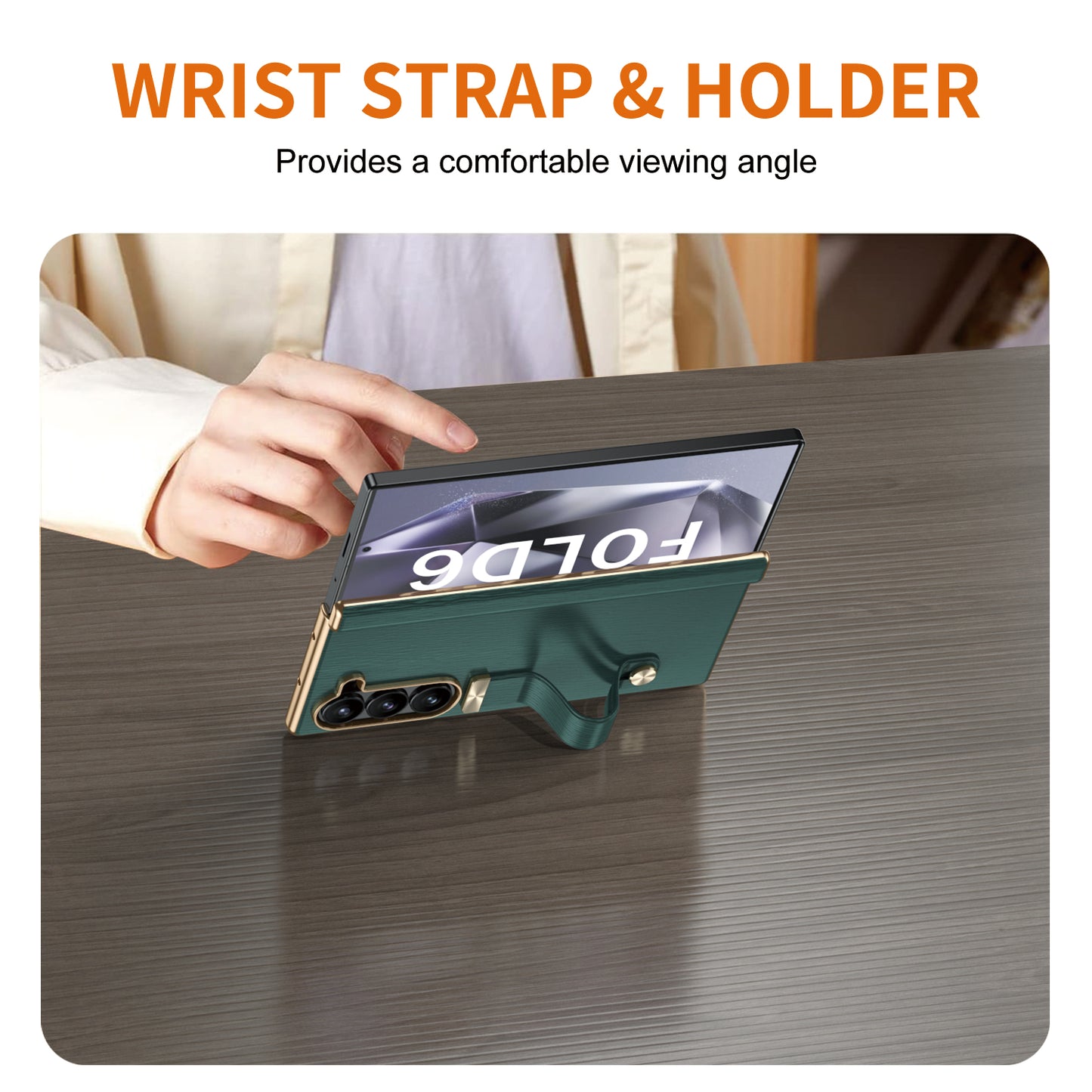 For Samsung Galaxy Z Fold6 5G Case Wrist Band Hinge Protection Leather+PC Phone Cover - Green