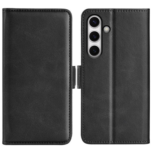 For Samsung Galaxy S24 FE Stand Case Calf Texture Leather Phone Cover with Wallet - Black