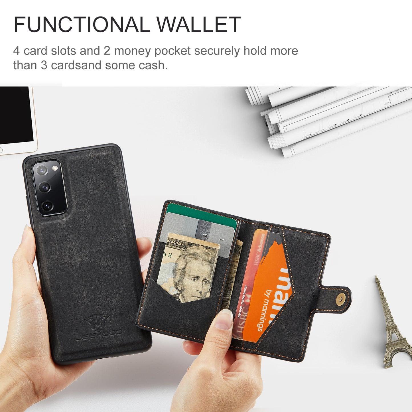 JEEHOOD J01 For Samsung Galaxy S20 FE 2022 / S20 FE / S20 FE 5G / S20 Lite Case Retro Leather Detachable Back Cover - Black