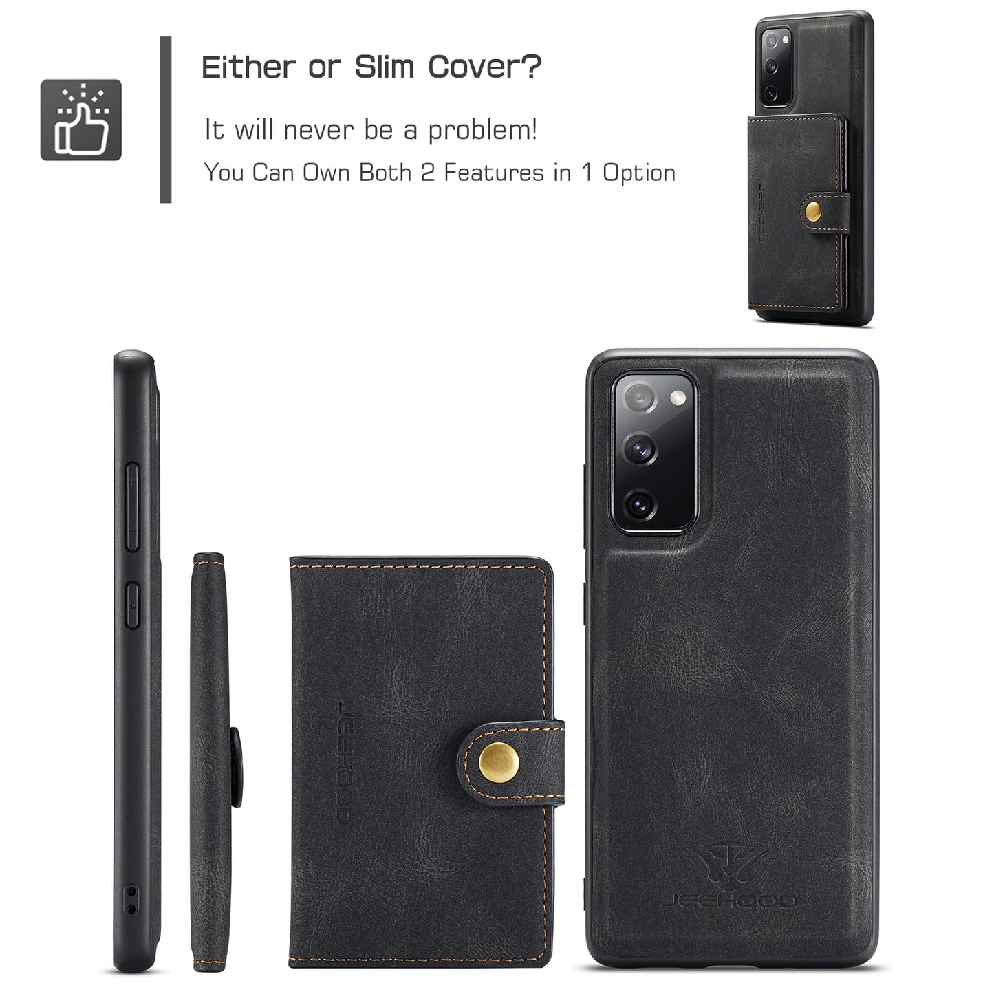 JEEHOOD J01 For Samsung Galaxy S20 FE 2022 / S20 FE / S20 FE 5G / S20 Lite Case Retro Leather Detachable Back Cover - Black