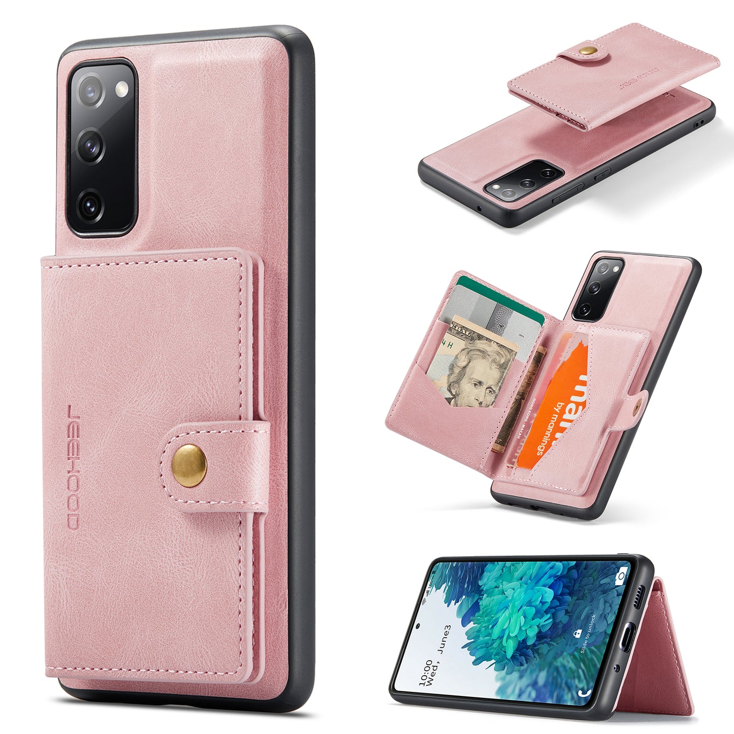 JEEHOOD J01 For Samsung Galaxy S20 FE 2022 / S20 FE / S20 FE 5G / S20 Lite Case Retro Leather Detachable Back Cover - Pink